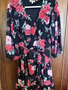 Maurices Black Midi Dress with Pink & Red Floral Print